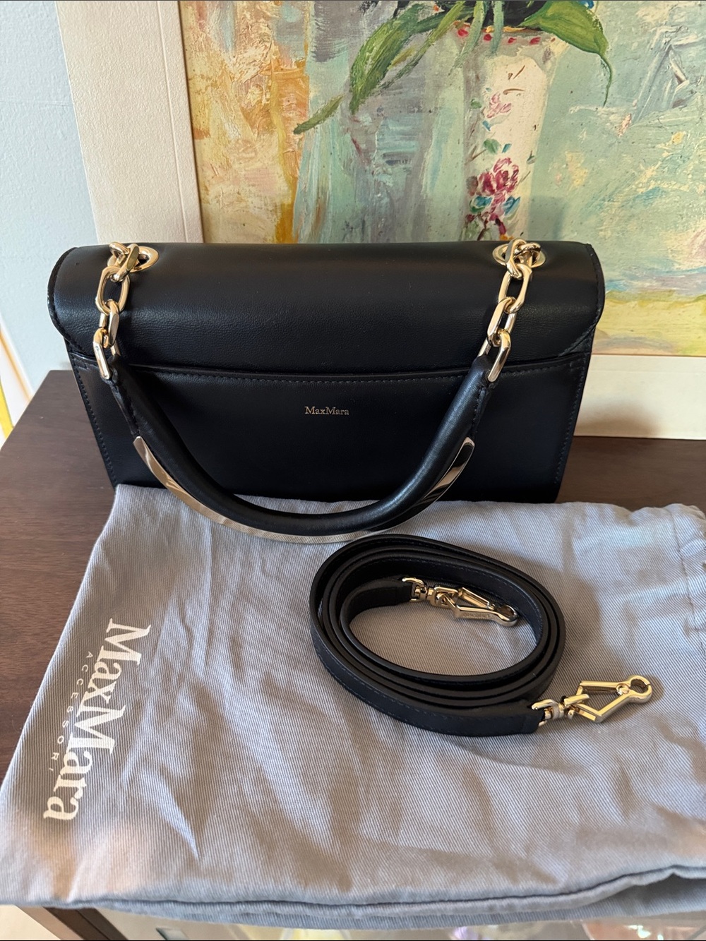 Authentic Y2K Max Mara Black Italian Leather Top-Handle Bag,Gold Hardware